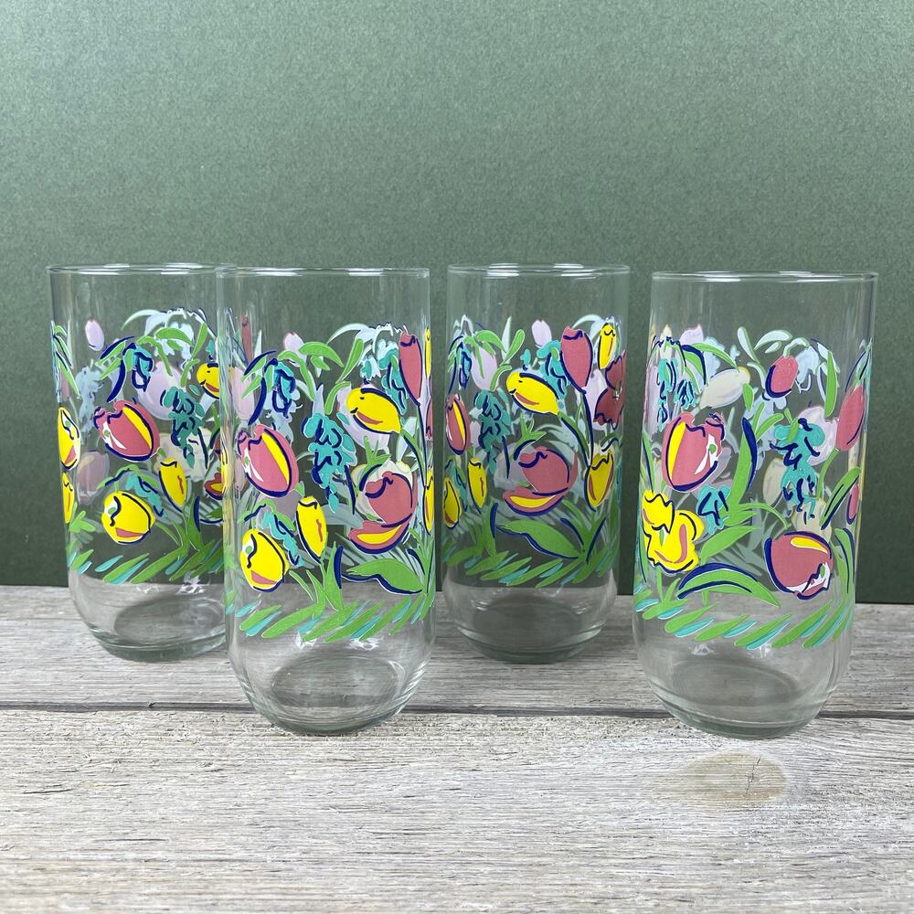 Vtg Spring Blossom Drinking Glasses, Floral Tulips Tumblers, Set of 4, Water Tea